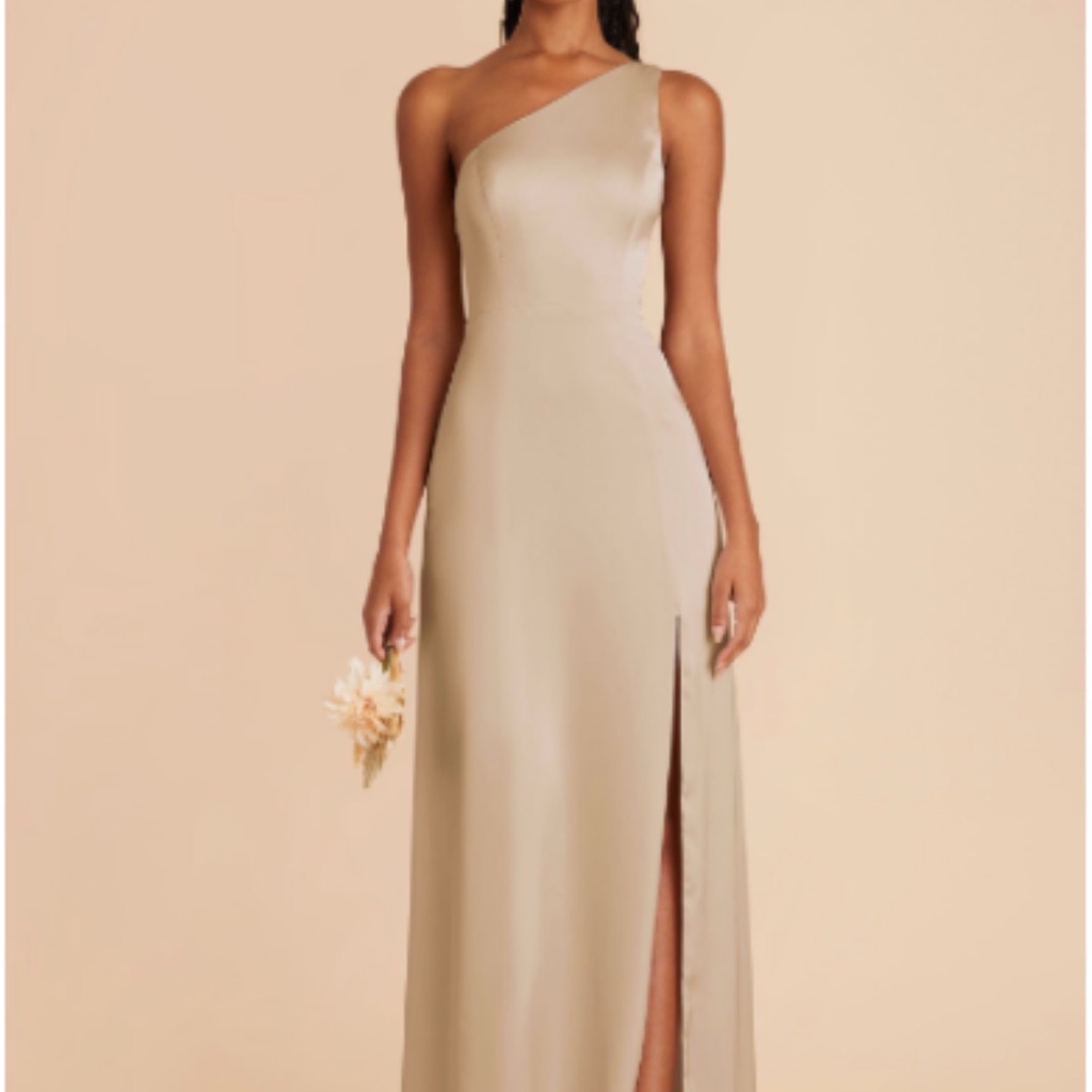 Birdy Grey One-Shoulder Champagne Satin Gown With Side Slit (Altered Petite)